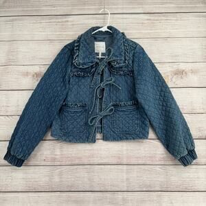 Avec Les Filles Maura Bow Tie Quilted Denim Jacket Womens Small Blue Medium Wash